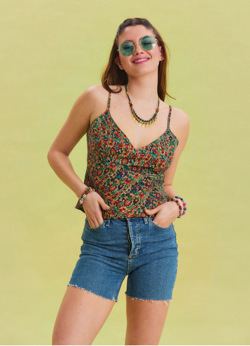 Flower Printed Thin Straps Adjustable Green Crop Blouse 4439